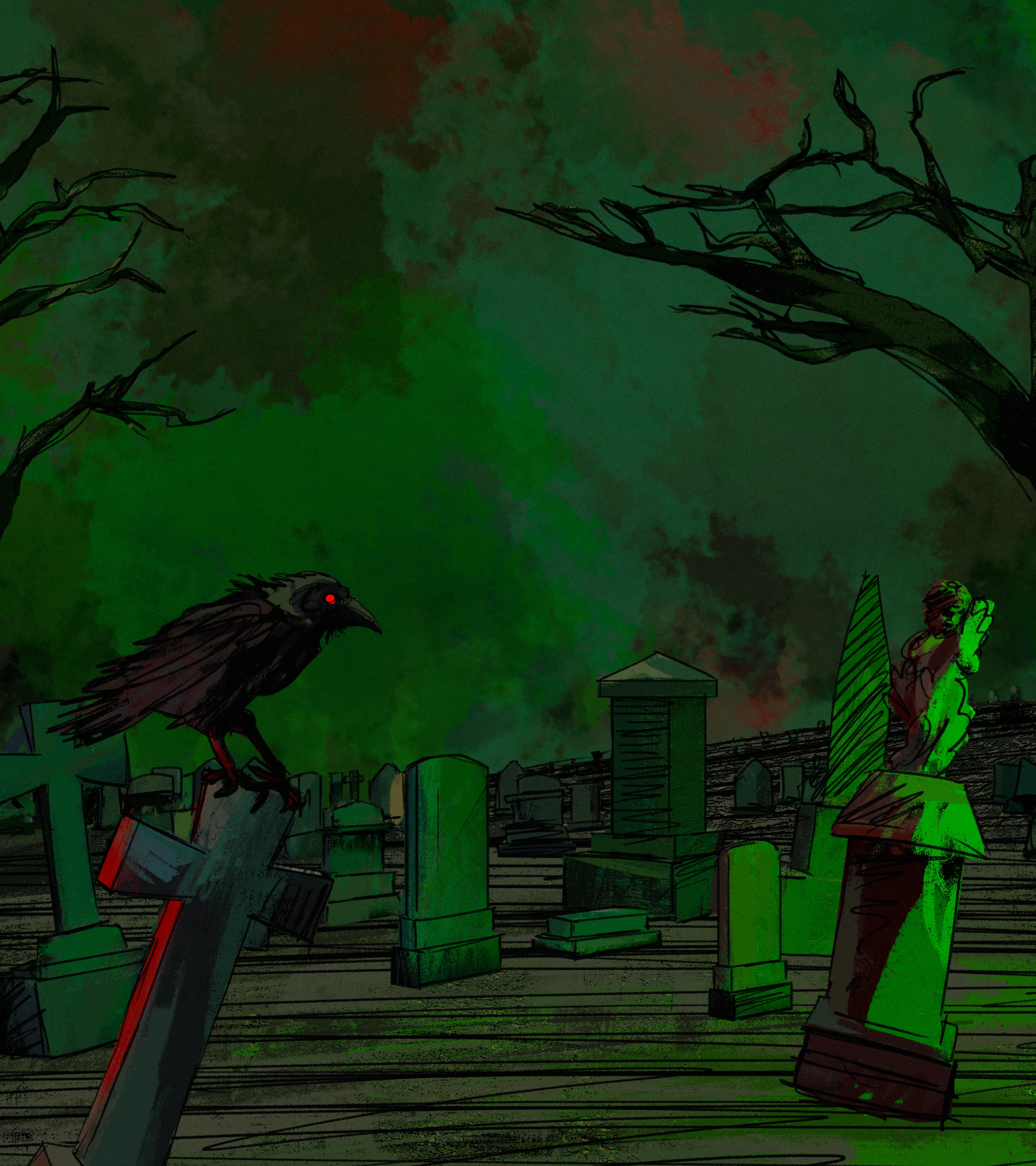Purgatory: dead trees, a raven and a graveyard